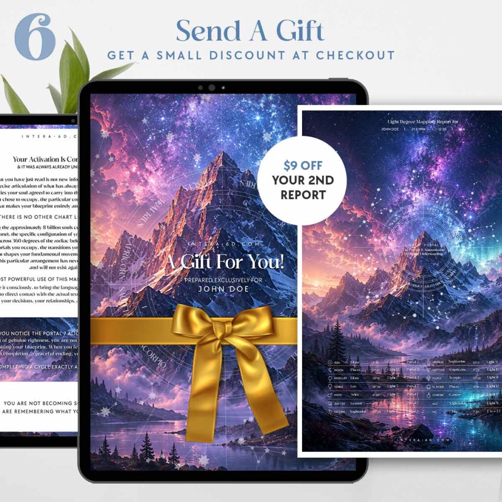 Promotional graphic offering nine dollars off your second report. Shows a tablet with an exclusive "A Gift For You!" layout for John Doe over a personalized astrology report.